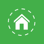 White vector graphic of home with dashed circle around it on a green background. 